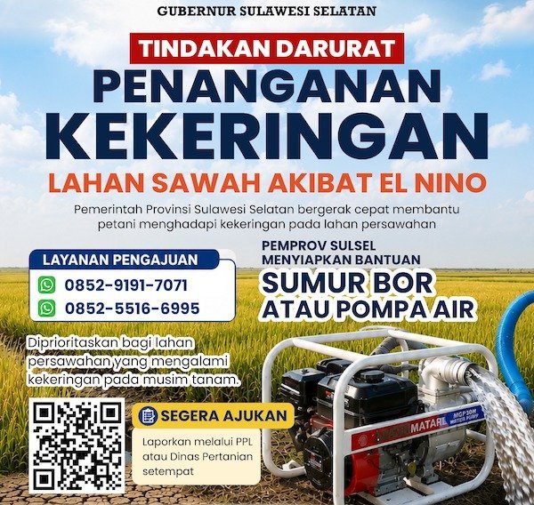 Perkuat Mitigasi Kekeringan, Gubernur Sulsel Siapkan Bantuan Pompa Air dan Sumur Bor untuk Wilayah Pertanian