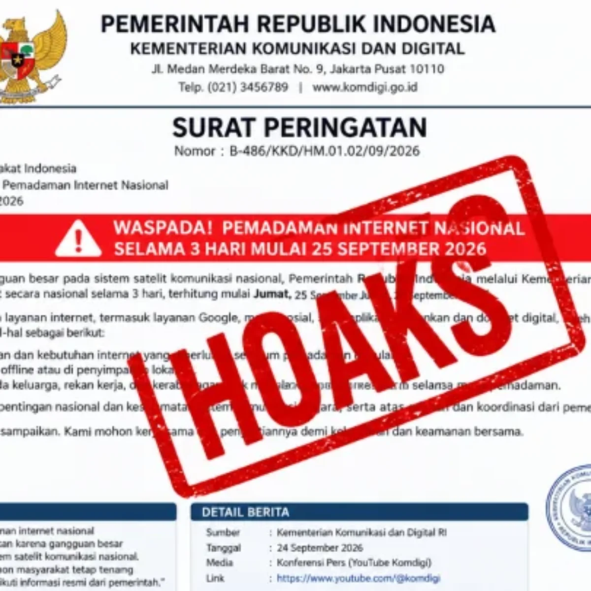 Hoaks Pemadaman Internet Nasional 25-27 September, Komdigi Telusuri Penyebar Surat Palsu